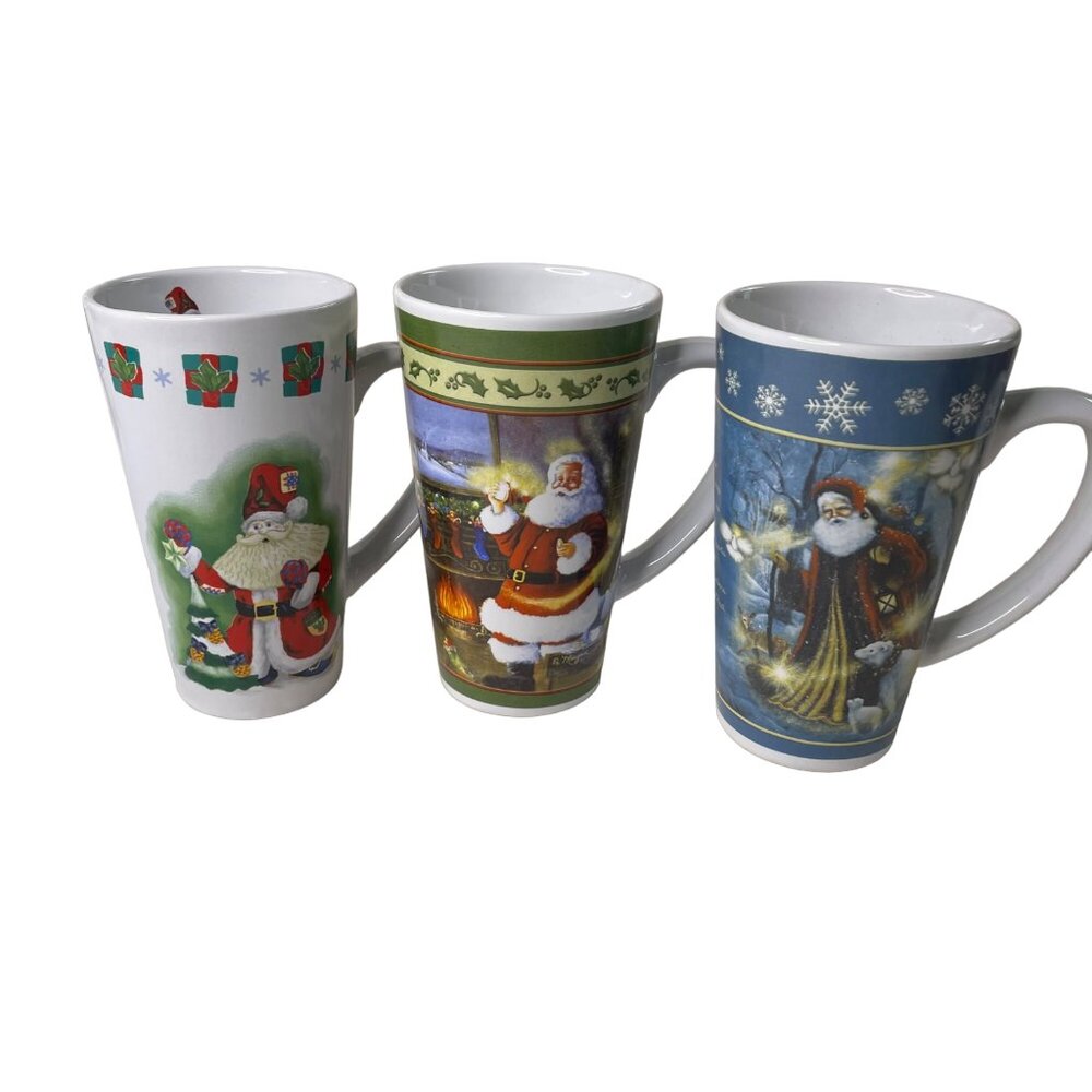 3 Christmas Cocoa Mug Coffee Tea Tall Cup Vintage Santa Image u